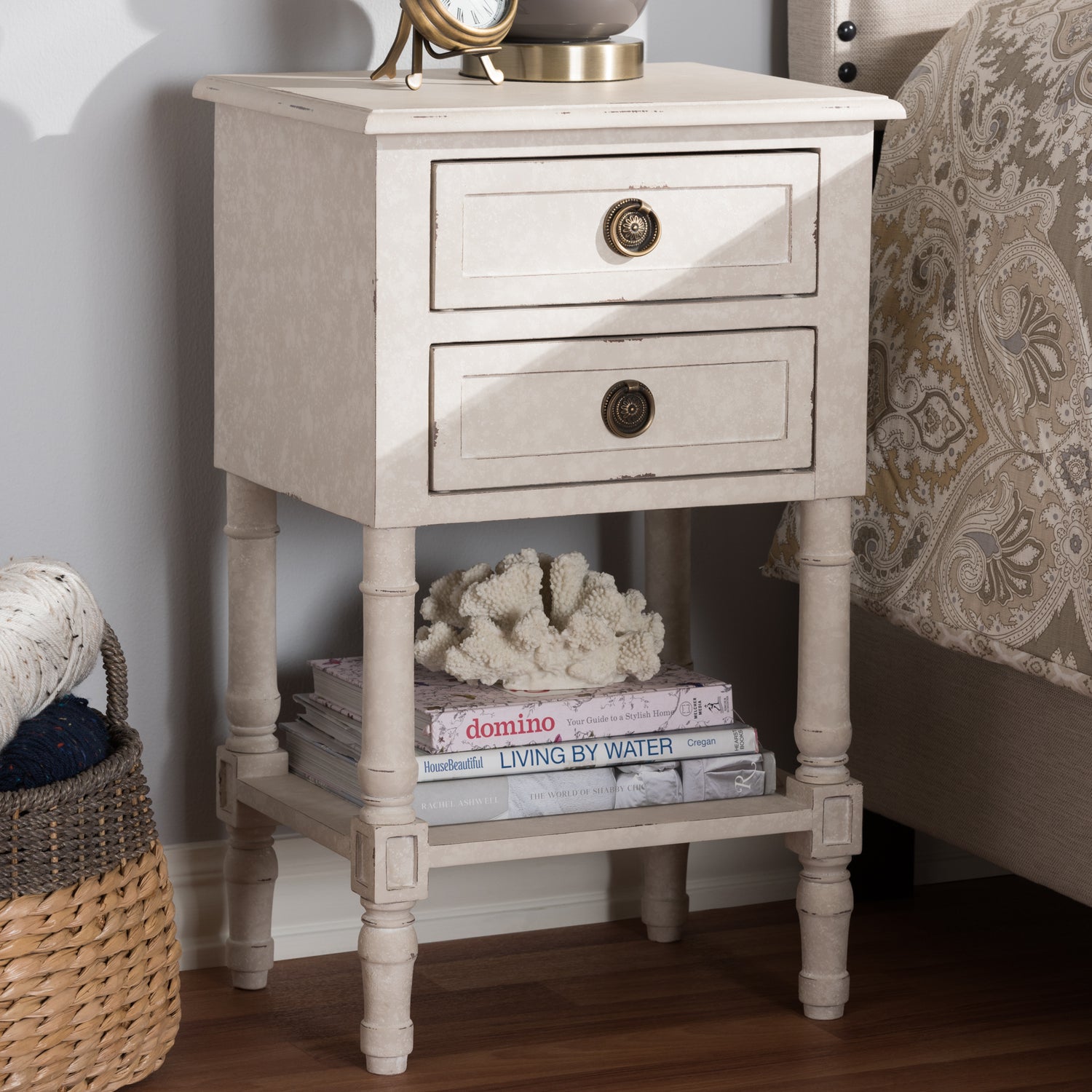 Lenore Nightstand Country Cottage Farmhouse Style 2 Drawer Whitewashed Finish