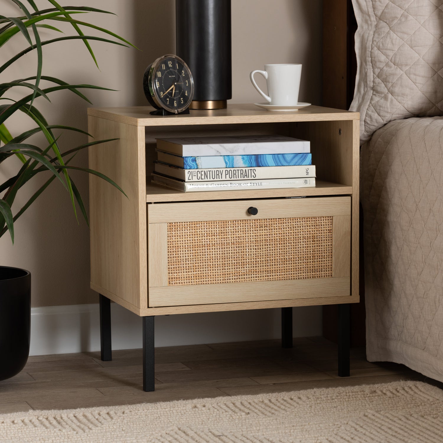 Caterina End Table - Mid-Century Modern Design with Natural Brown Wood and Rattan, 1-Door Storage for Living Room or Bedroom