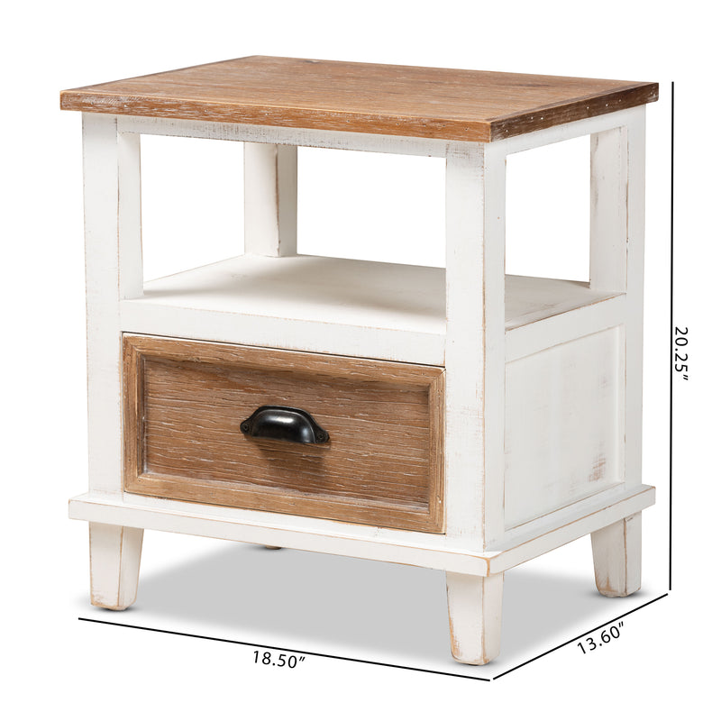 Glynn Rustic Farmhouse End Table Weathered Two-Tone White and Oak Brown Wood with 1 Drawer for Living Room or Bedroom Storage