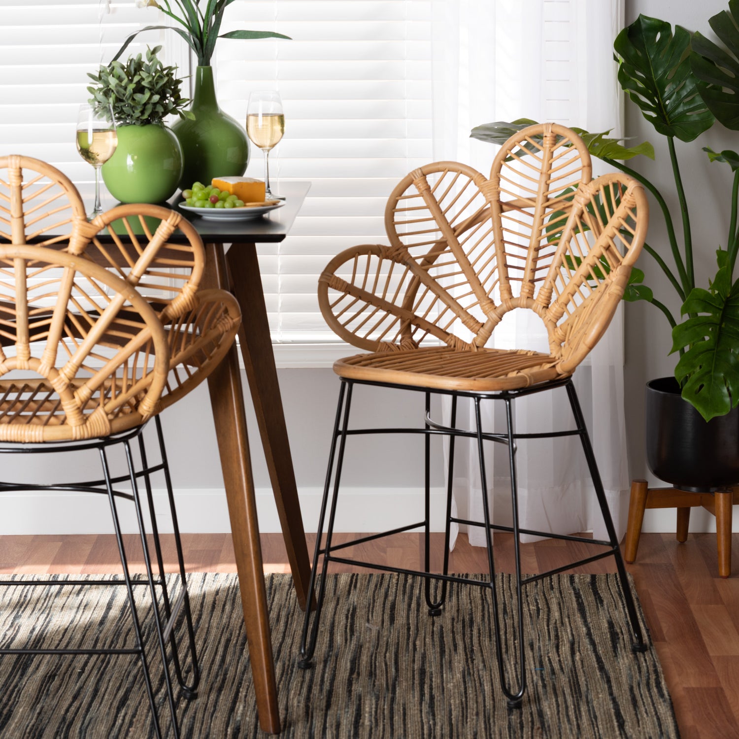 Garan Counter Stool Modern Bohemian Design in Natural Brown Rattan and Black Metal for Chic Seating