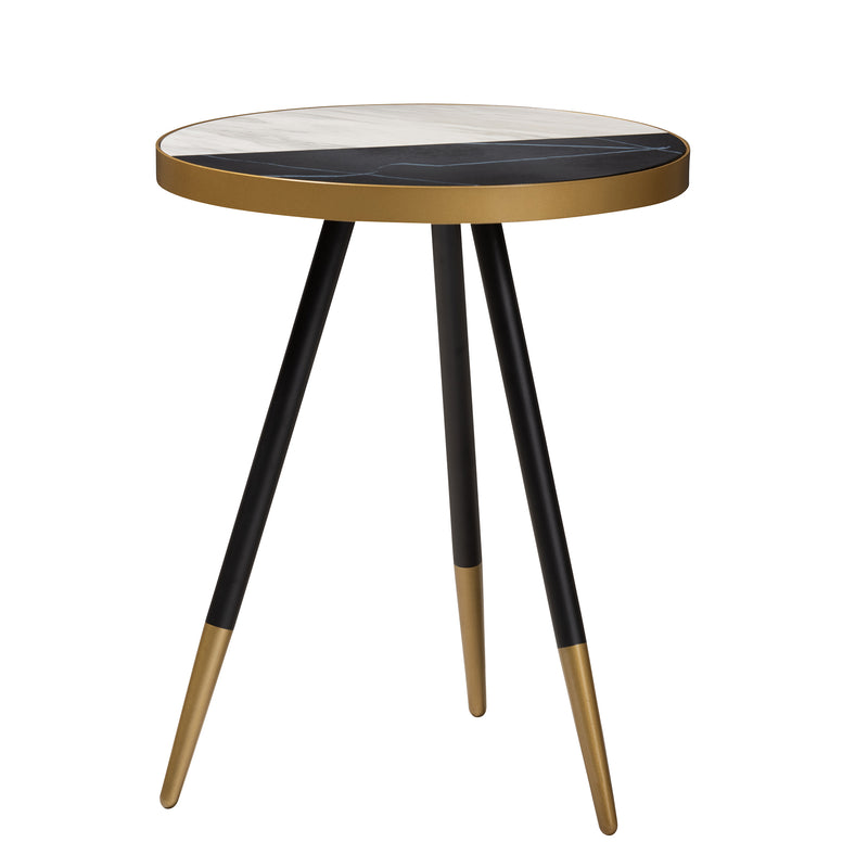 Lauro End Table Modern Round Glossy Marble with Two-Tone Black and Gold Metal Legs Stylish Accent Furniture for Living Room or Bedroom