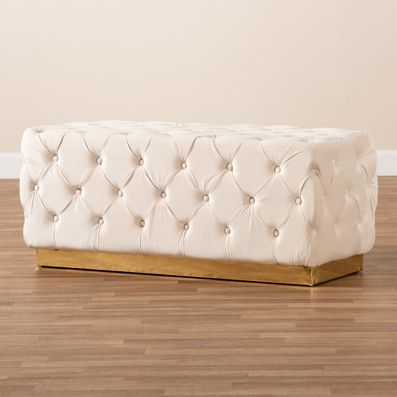 Corrine Ottoman Luxe Beige Velvet Fabric Upholstered with Gold PU Leather