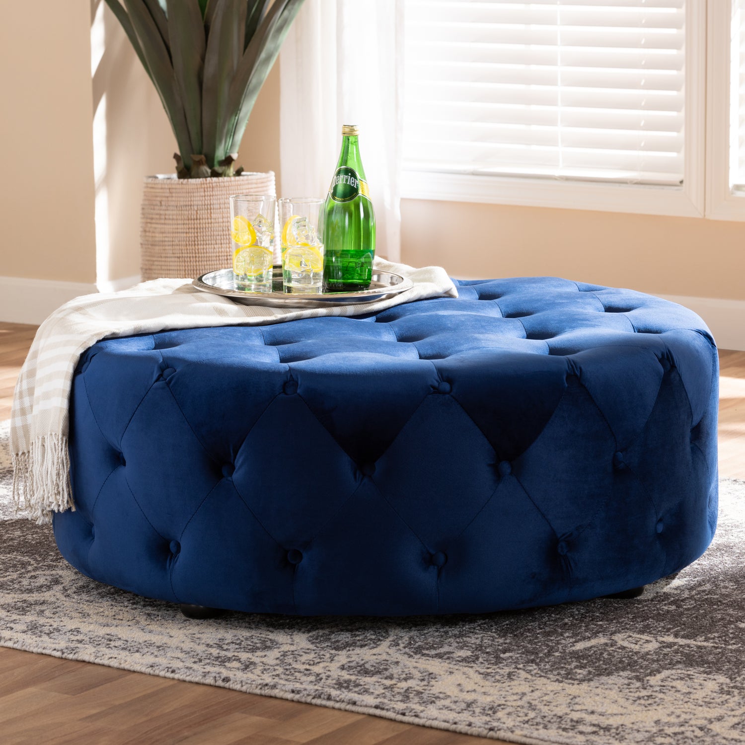 Cardiff Ottoman Royal Blue Velvet Fabric Upholstered Button Tufted Cocktail