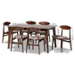 Daria 7-Piece Dining Set in Mid-Century Modern Style with Warm Grey Fabric and Dark Brown Wood Finish