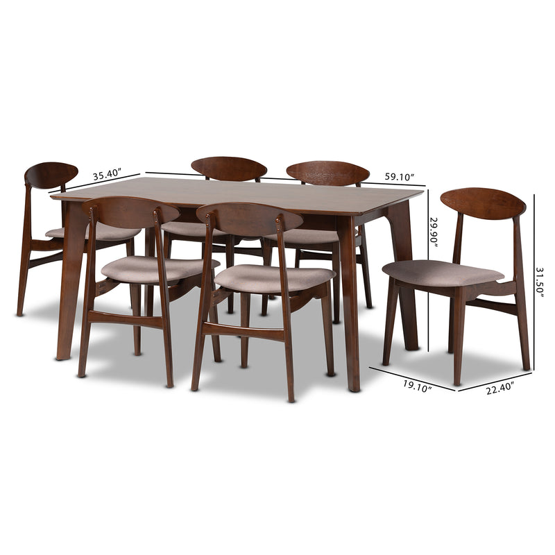 Daria 7-Piece Dining Set in Mid-Century Modern Style with Warm Grey Fabric and Dark Brown Wood Finish