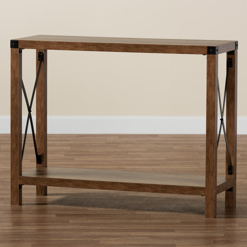 Rumi Modern Farmhouse Console Table Natural Brown Wood with Black Metal Accents for Stylish Entryway or Living Room Decor