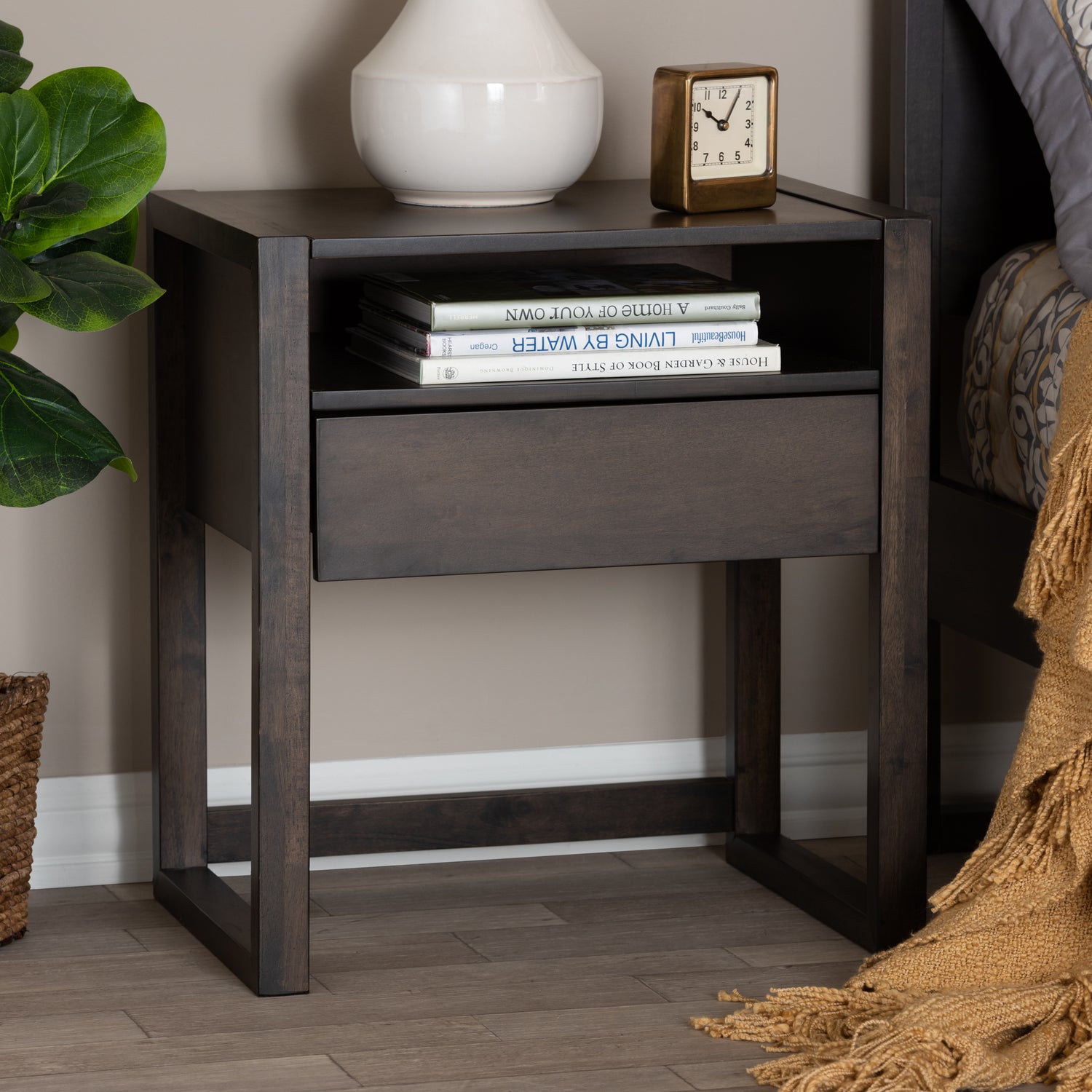 Inicio Nightstand - Modern Charcoal Brown 1-Drawer Wooden Side Table for Bedroom Storage