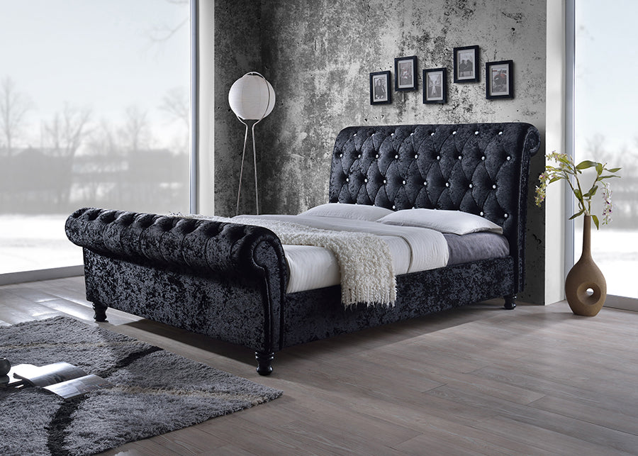 Castello Platform Bed - Black Velvet Upholstered with Faux Crystal Buttons