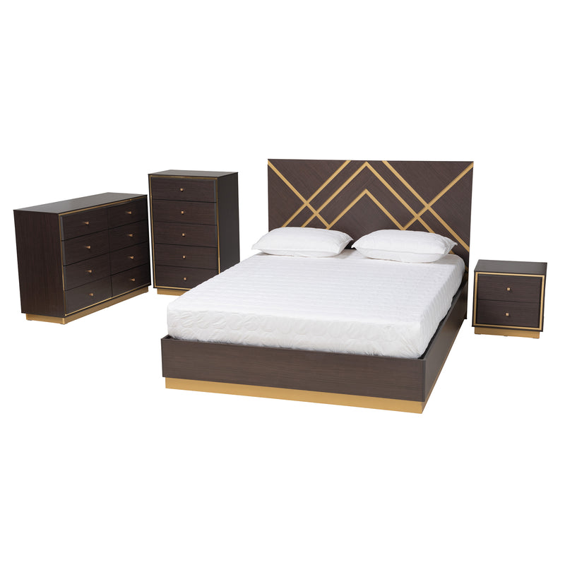 Arcelia Queen Size Bedroom Set Contemporary Glam 4-Piece Collection in Two-Tone Dark Brown and Gold Finished Wood with Stylish Storage Chest