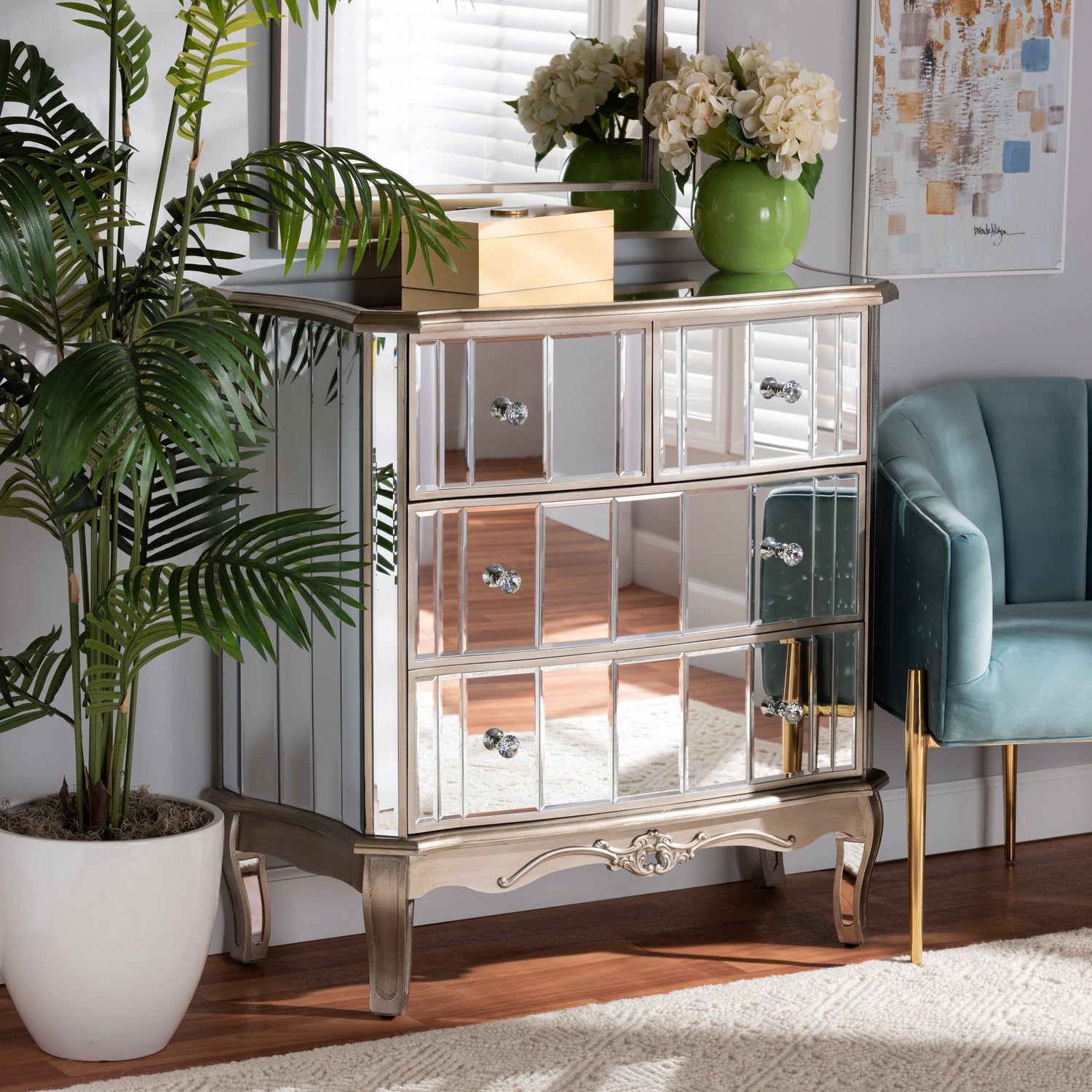 Elgin 4-Drawer Cabinet in Contemporary Glam Style with Brushed Silver Wood and Mirrored Glass Accents