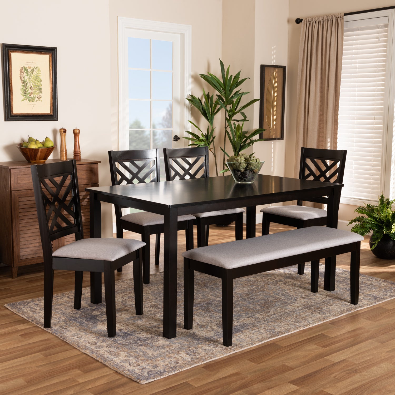 Gustavo Dining Set Modern and Contemporary Grey Fabric Upholstered Dark Brown Finished Wood 6-Piece