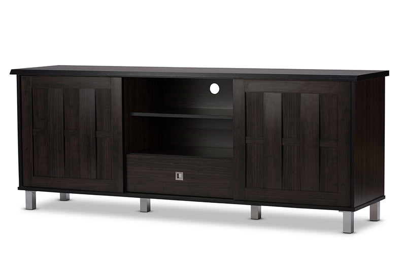 Unna TV Cabinet 70-Inch Dark Brown Wood with 2 Sliding Doors and Drawer