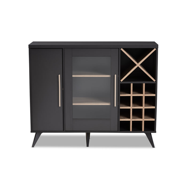 Pietro Wine Cabinet Mid-Century Modern Dark Grey and Oak Finished