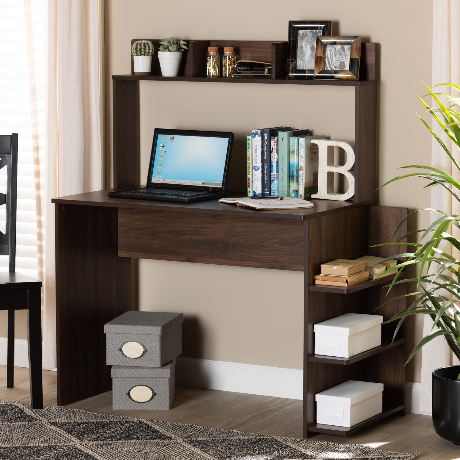 Garnet Modern Wood Desk in Walnut Brown Finish with Shelves for Home Office and Study Space