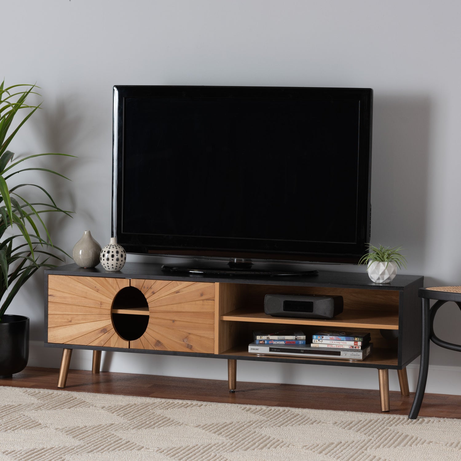 Chester TV Stand Modern Two-Tone Dark and Natural Brown Finished Wood Entertainment Center for Living Room