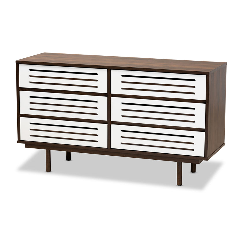 Meike Mid-Century Modern Dresser Two-Tone Walnut Brown and White 6-Drawer Storage Chest for Bedroom or Living Room