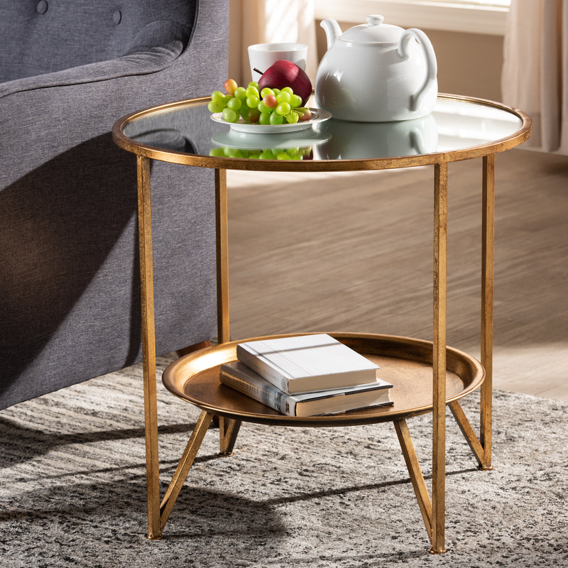 Tamsin Accent Table Modern Antique Gold Finished Metal with Mirrored Glass Tray Shelf for Stylish Home Decor