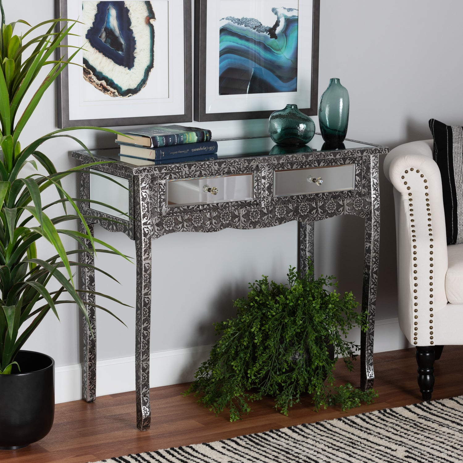 Wycliff Console Table - Industrial Glam Design with Silver Metal and Mirrored Glass, Featuring 2 Drawers for Stylish Storage