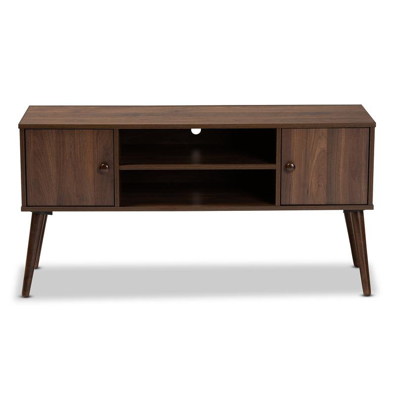 Alard Mid-Century Modern TV Stand Walnut Brown Finished 2-Door Wood Entertainment Center with Storage for Living Room