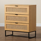 Sawyer 3-Drawer Storage Cabinet in Oak Brown Wood and Black Metal with Natural Rattan Accents - Mid-Century Modern Industrial Design