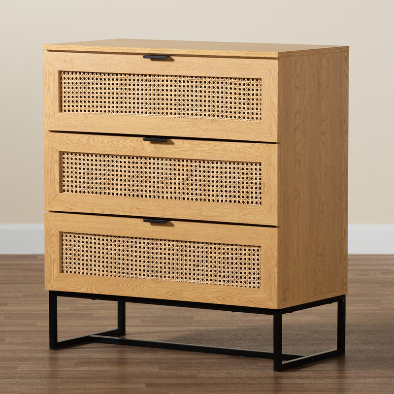 Sawyer 3-Drawer Storage Cabinet in Oak Brown Wood and Black Metal with Natural Rattan Accents - Mid-Century Modern Industrial Design