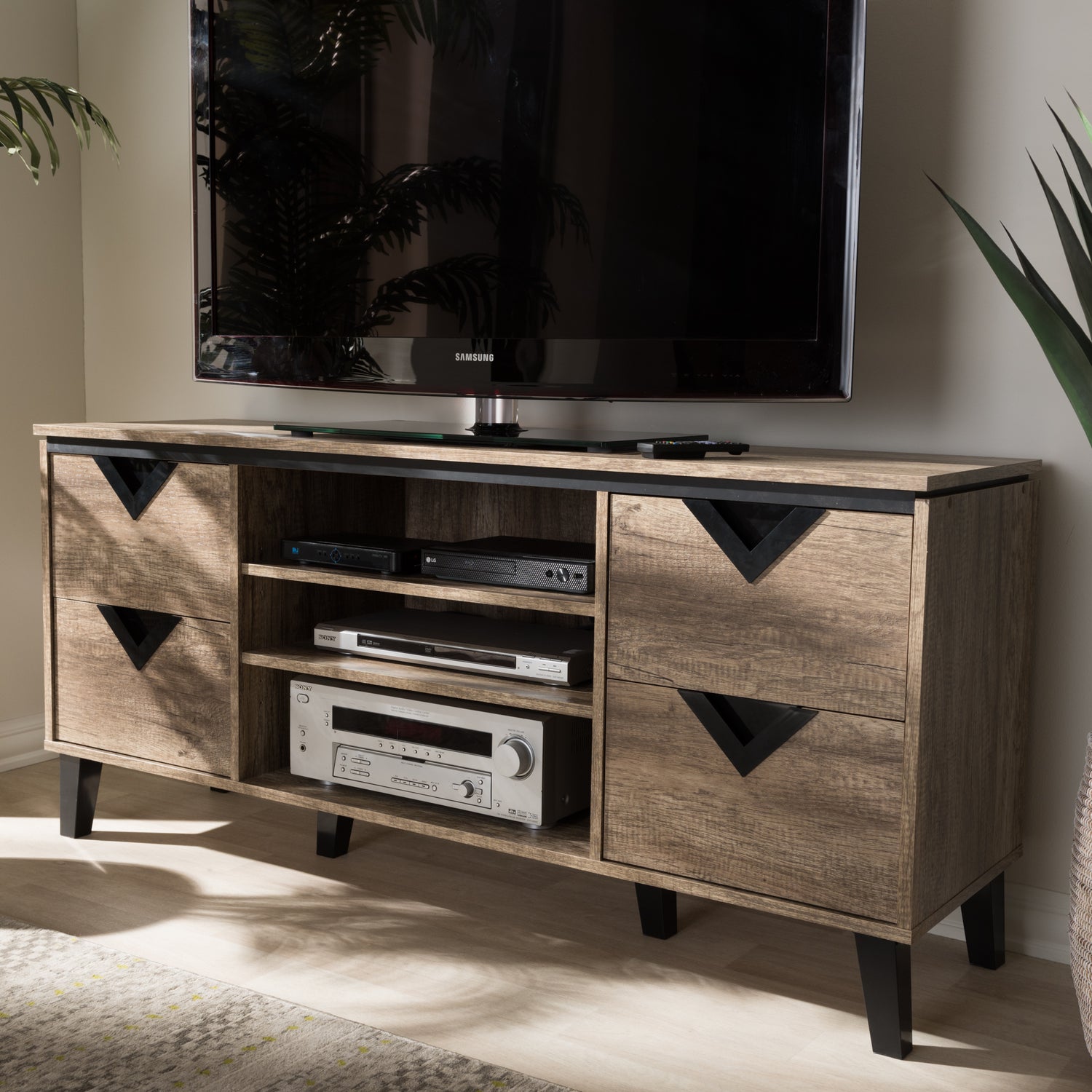 Beacon Modern 55-Inch TV Stand in Light Brown Wood, Stylish Entertainment Center for Living Room and Home Decor