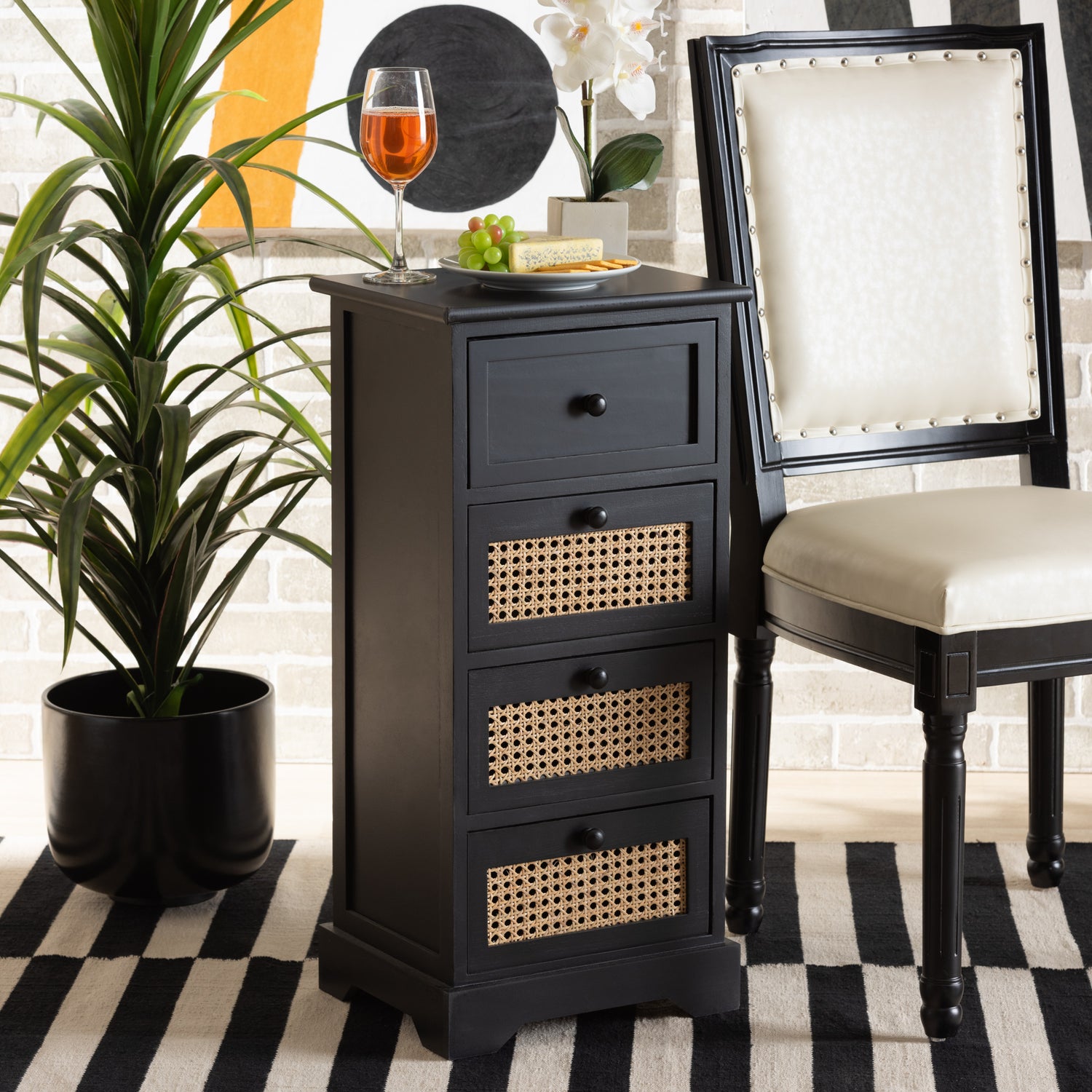 Dacey Storage Cabinet Mid-Century Modern Design in Espresso Brown Wood with Rattan Accents and 4 Drawers for Stylish Organization