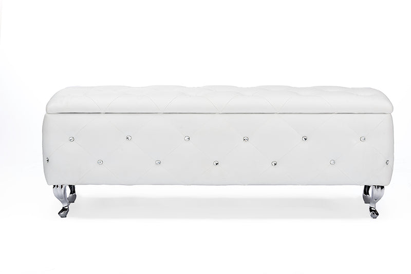 Seine Contemporary Storage Ottoman in White Leather - Stylish Functional Furniture for Living Room or Bedroom Storage