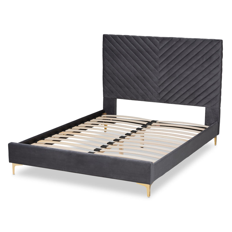 Fabrico Platform Bed - Contemporary Glam and Luxe Grey Velvet Upholstered with Gold Metal