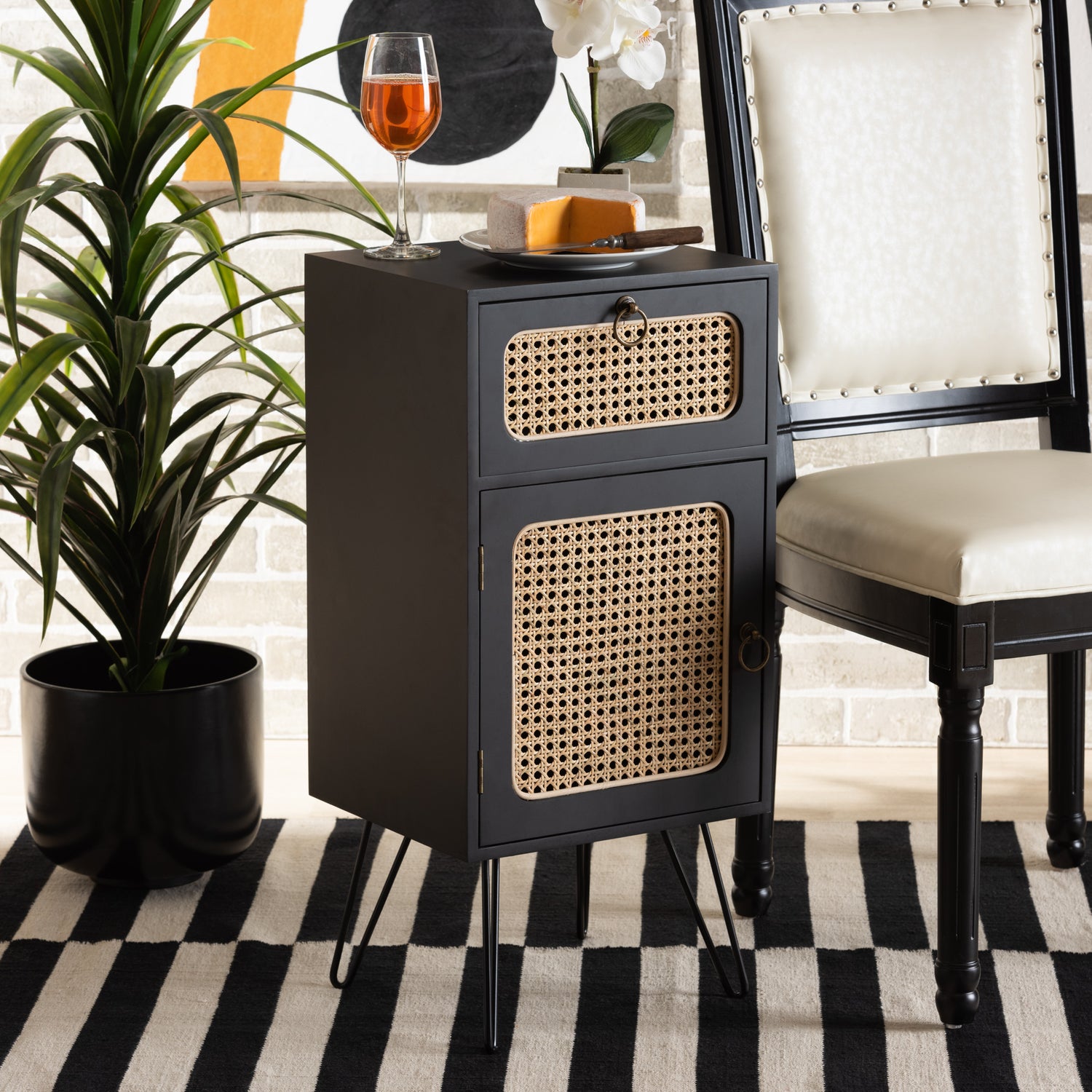 Davion End Table - Mid-Century Modern Espresso Wood and Black Metal Design with 1 Drawer and Rattan Accent