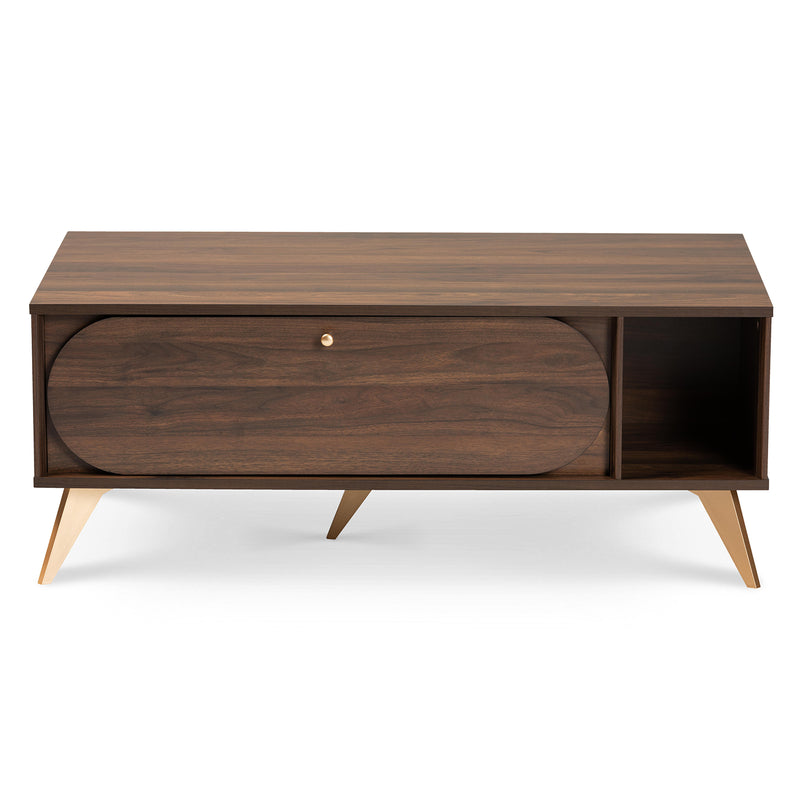 Edel Coffee Table Mid-Century Modern Walnut Brown with Gold Finished Wood Accents