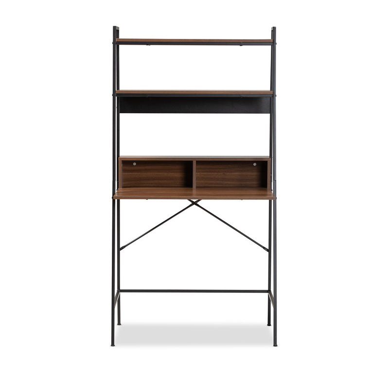 Palmira Modern Industrial Desk Walnut Brown Wood and Black Metal with Shelves for Home Office or Workspace