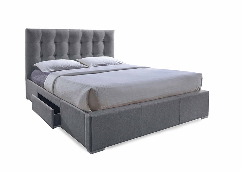 Sarter King-Size Bed Contemporary Grid-Tufted Grey Fabric Upholstered Storage Bed with 2 Drawers for Organized Living