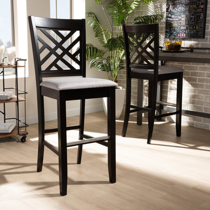 Jason Bar Stool Set Modern Contemporary Grey Fabric Upholstered Espresso Brown Finished Wood 2-Piece