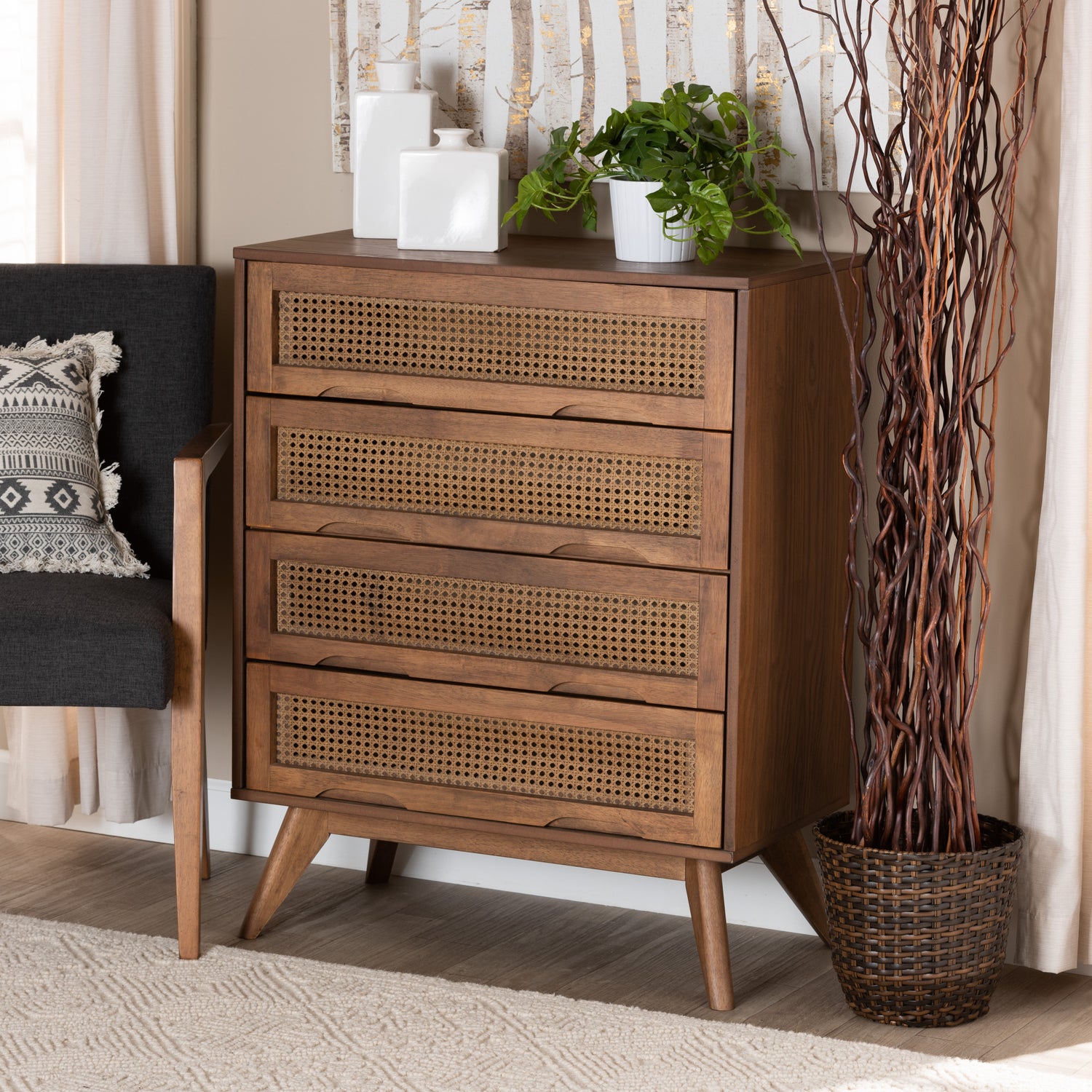 Barrett Mid-Century Modern 4-Drawer Chest in Walnut Brown Wood and Synthetic Rattan for Stylish Storage Solutions