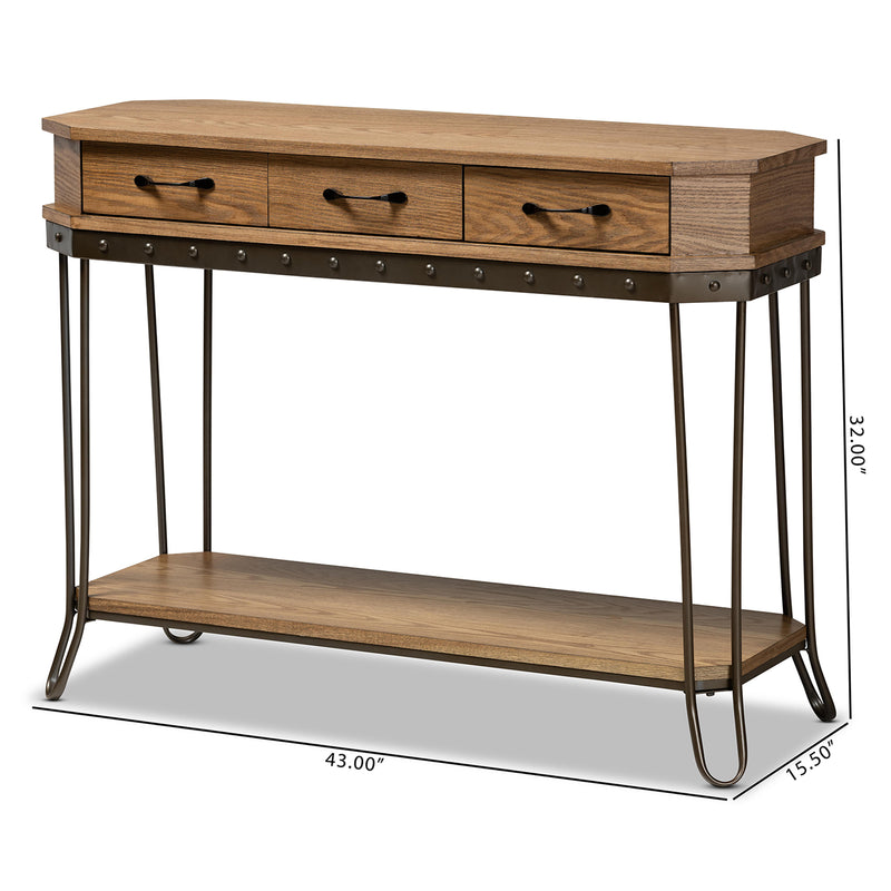 Kellyn Console Table - Vintage Rustic Industrial Design with Oak Brown Wood and Black Metal, Featuring 3 Drawers for Storage and Style