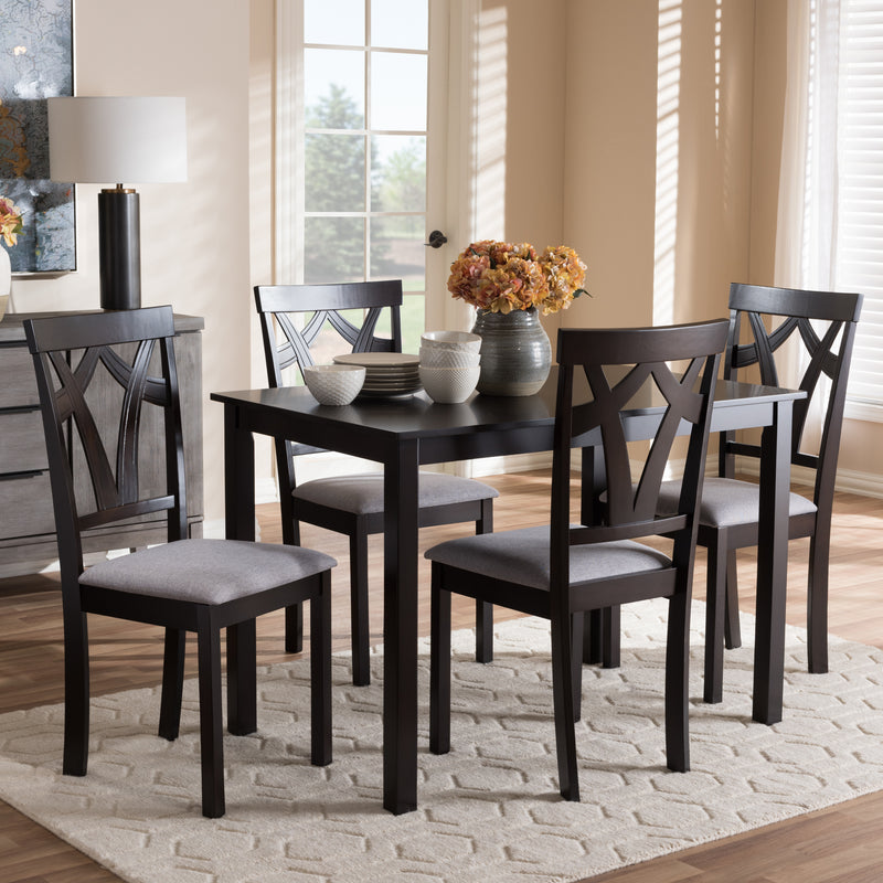 Sylvia Dining Set Modern Contemporary Grey Fabric Upholstered Dark Brown Finished 5-Piece