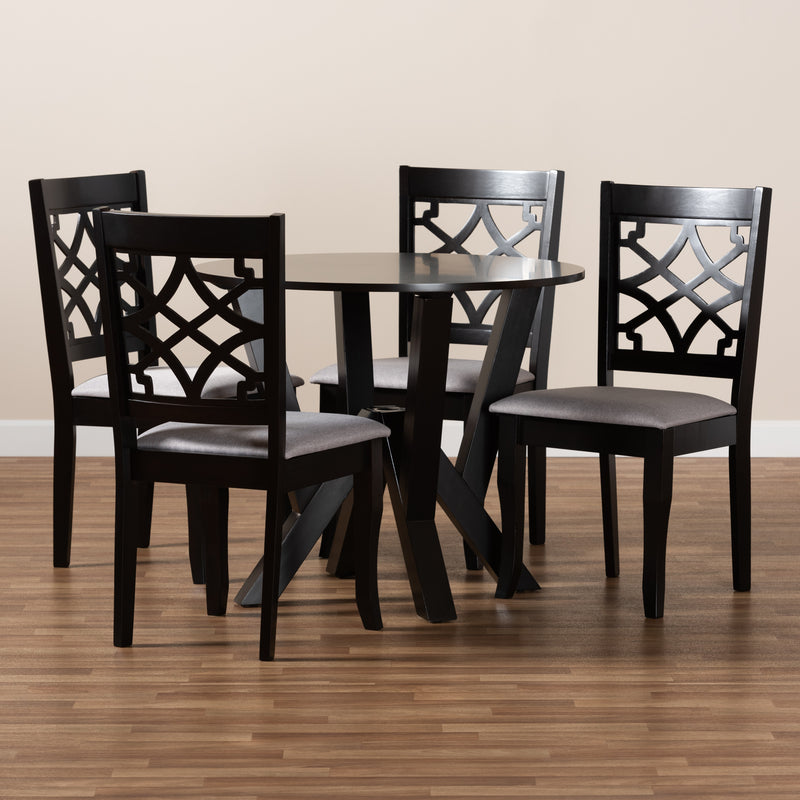 Alisa Dining Set Modern and Contemporary Grey Fabric Upholstered Dark Brown Finished Wood 5-Piece