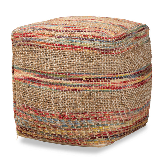 Caiman Handwoven Hemp Pouf Ottoman Moroccan Inspired Multicolored Design for Stylish Home Decor and Comfortable Seating