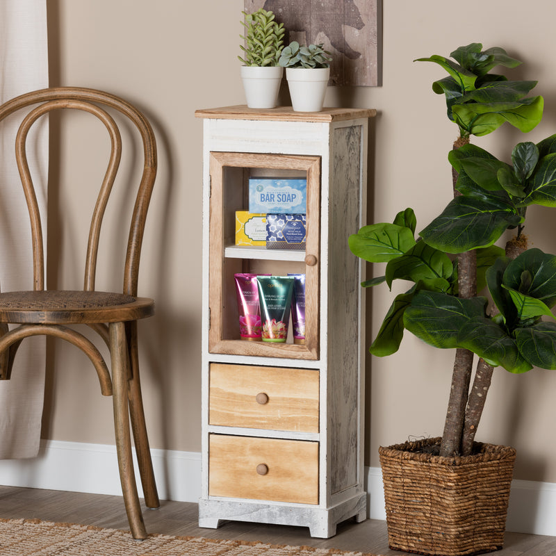 Dannah Storage Cabinet Classic Two-Tone Oak Brown and White Wood with 2 Drawers for Stylish Organization