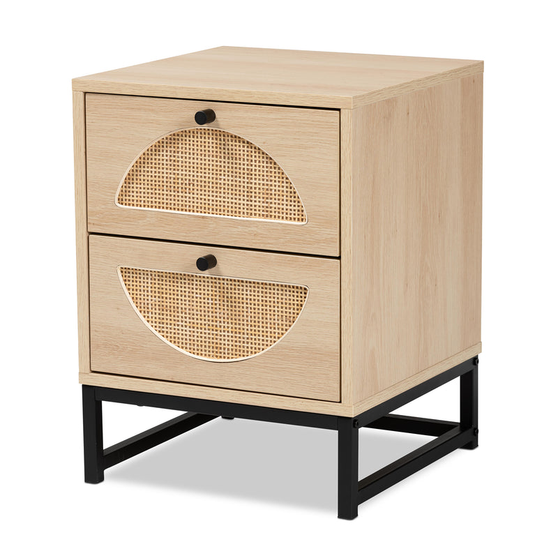 Ardon End Table Bohemian Light Brown Wood and Black Metal Design with 2 Drawers and Natural Rattan Accents