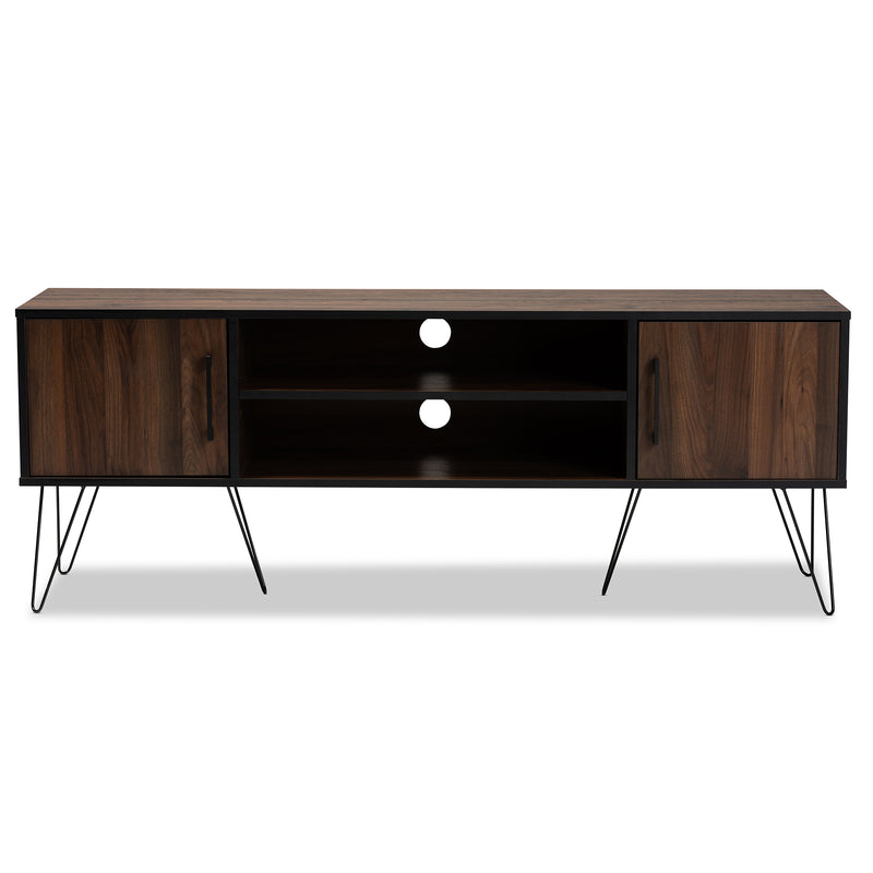 Corina TV Stand Mid-Century Modern Two-Tone Walnut and Black Wood Entertainment Center with Storage for Living Room