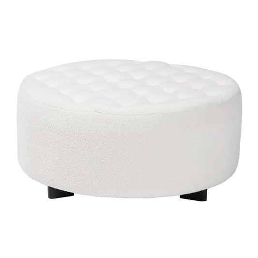 Athena Round Ottoman Modern Ivory Boucle Upholstered with Black Wood Base Stylish Accent Furniture for Living Room or Bedroom