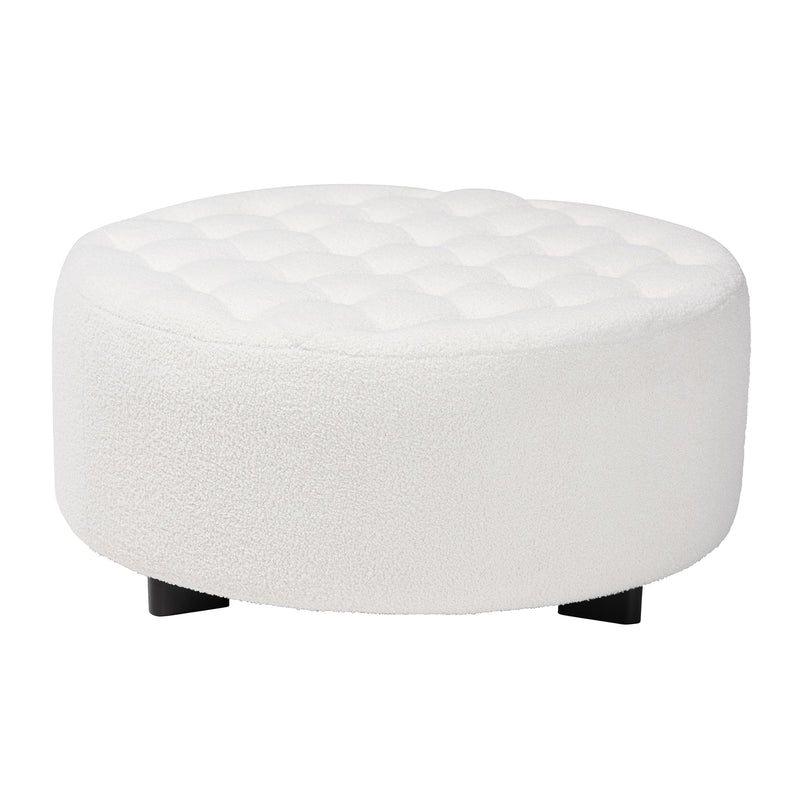 Athena Round Ottoman Modern Ivory Boucle Upholstered with Black Wood Base Stylish Accent Furniture for Living Room or Bedroom