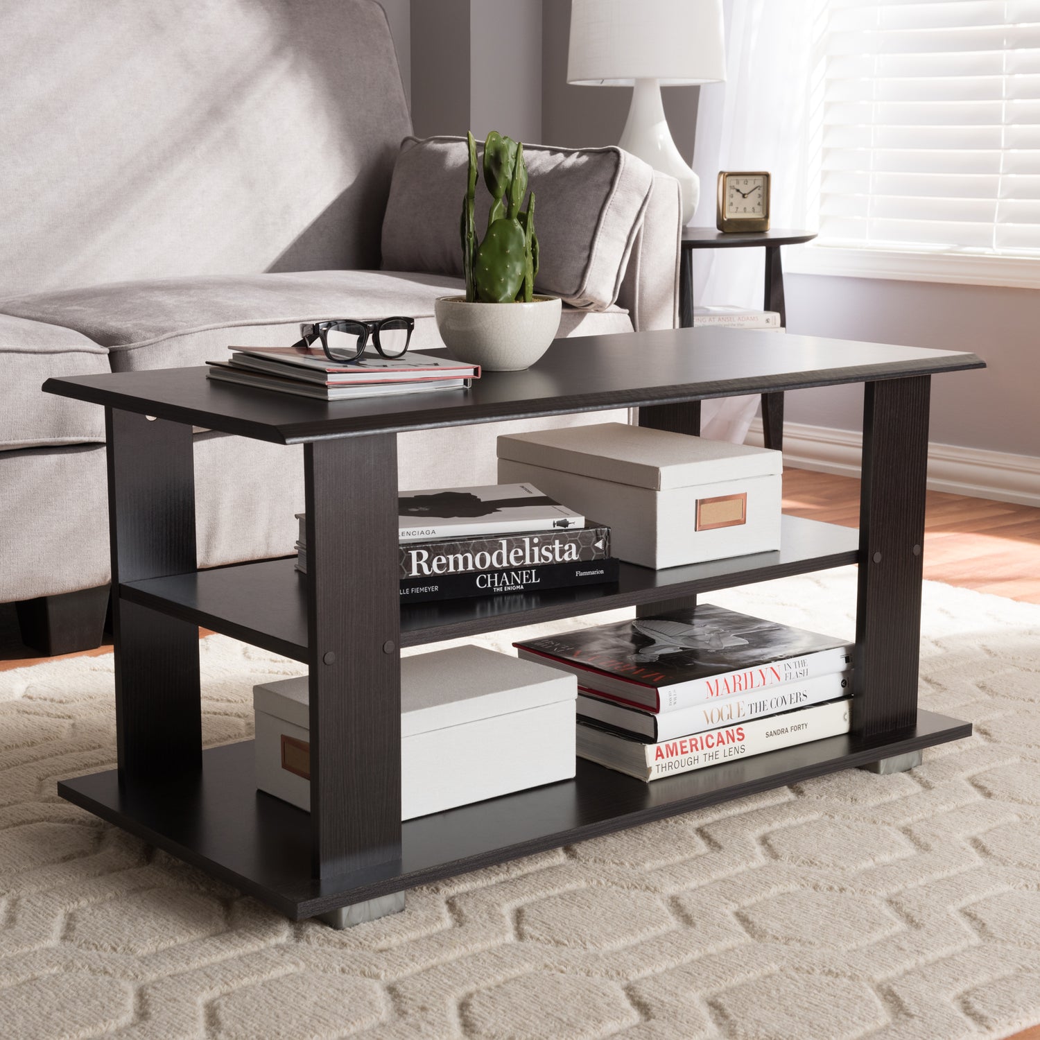 Joliette Coffee Table Modern Contemporary Wenge Brown Finish with Storage and Stylish Design