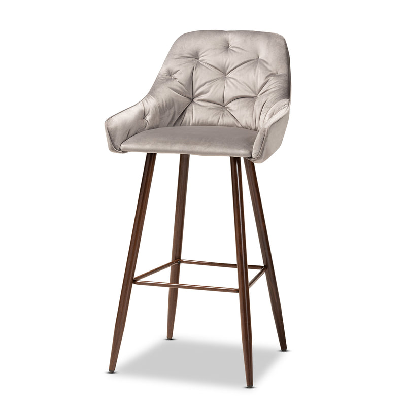 Catherine Bar Stool Set Modern and Contemporary Grey Velvet Fabric Upholstered Walnut Finished 4-Piece