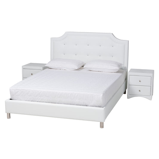 Carlotta Contemporary Glam Bedroom Set - White Faux Leather Upholstered 3-Piece