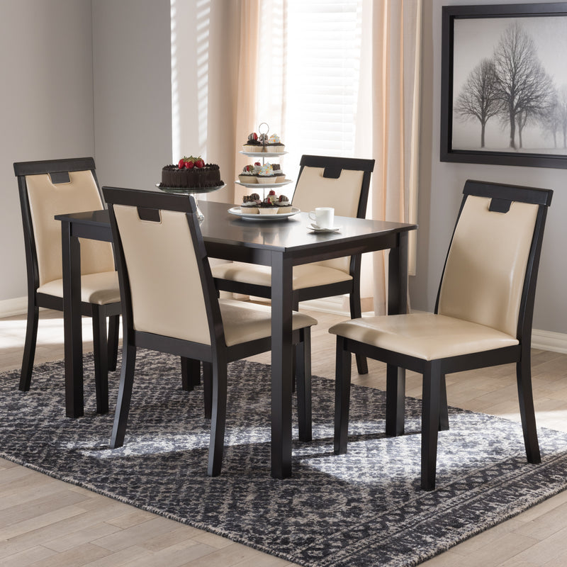 Evelyn Dining Set Modern 5-Piece Collection with Beige Faux Leather Upholstery and Dark Brown Finish