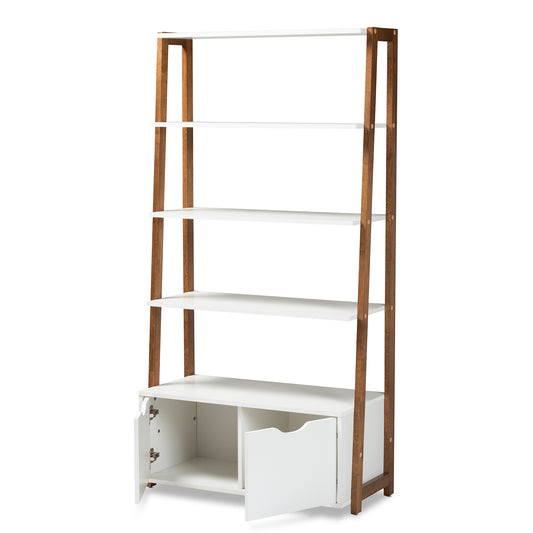 Senja Bookshelf Modern Two-Tone Design in White and Ash Walnut Brown Finished Wood with 2 Doors and Ladder Style