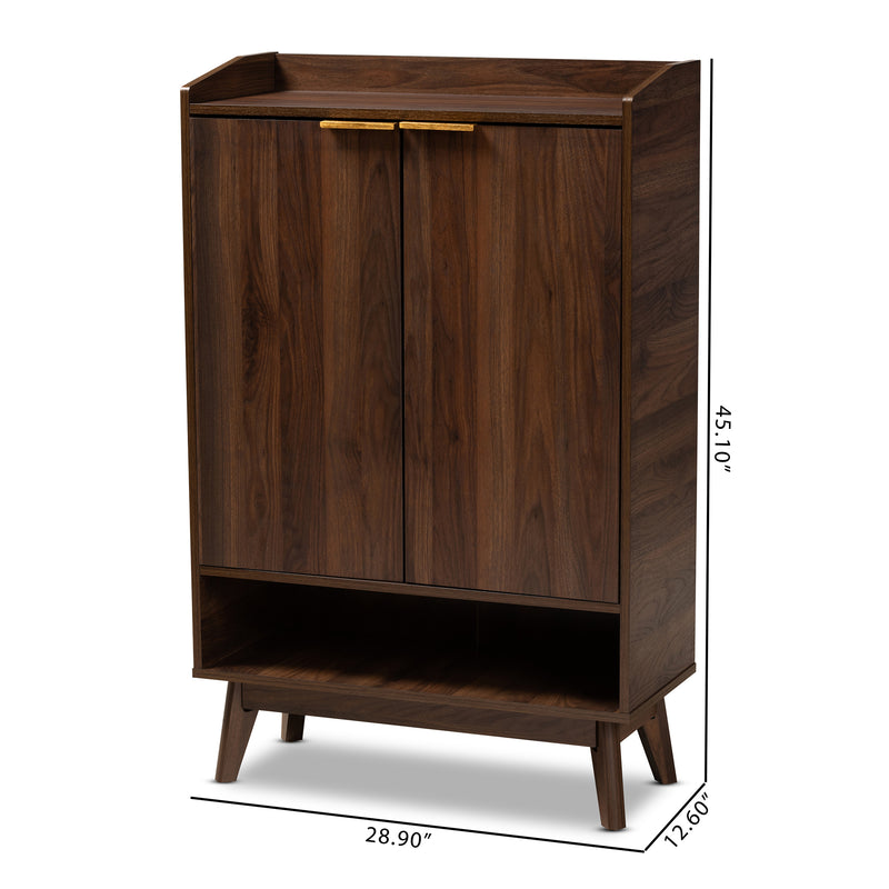 Lena Mid-Century Modern Shoe Cabinet Walnut Brown 5-Shelf Wood Entryway Storage for Organizing Footwear and Accessories